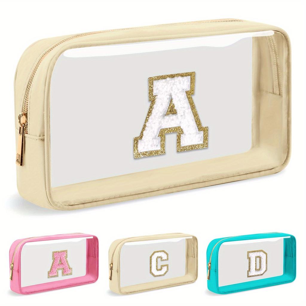 Маленькая прозрачная персонализированная косметичка с первой буквой, нашивка из шенилла A-Z, преппи нейлоновая косметичка на молнии, одобрено TSA