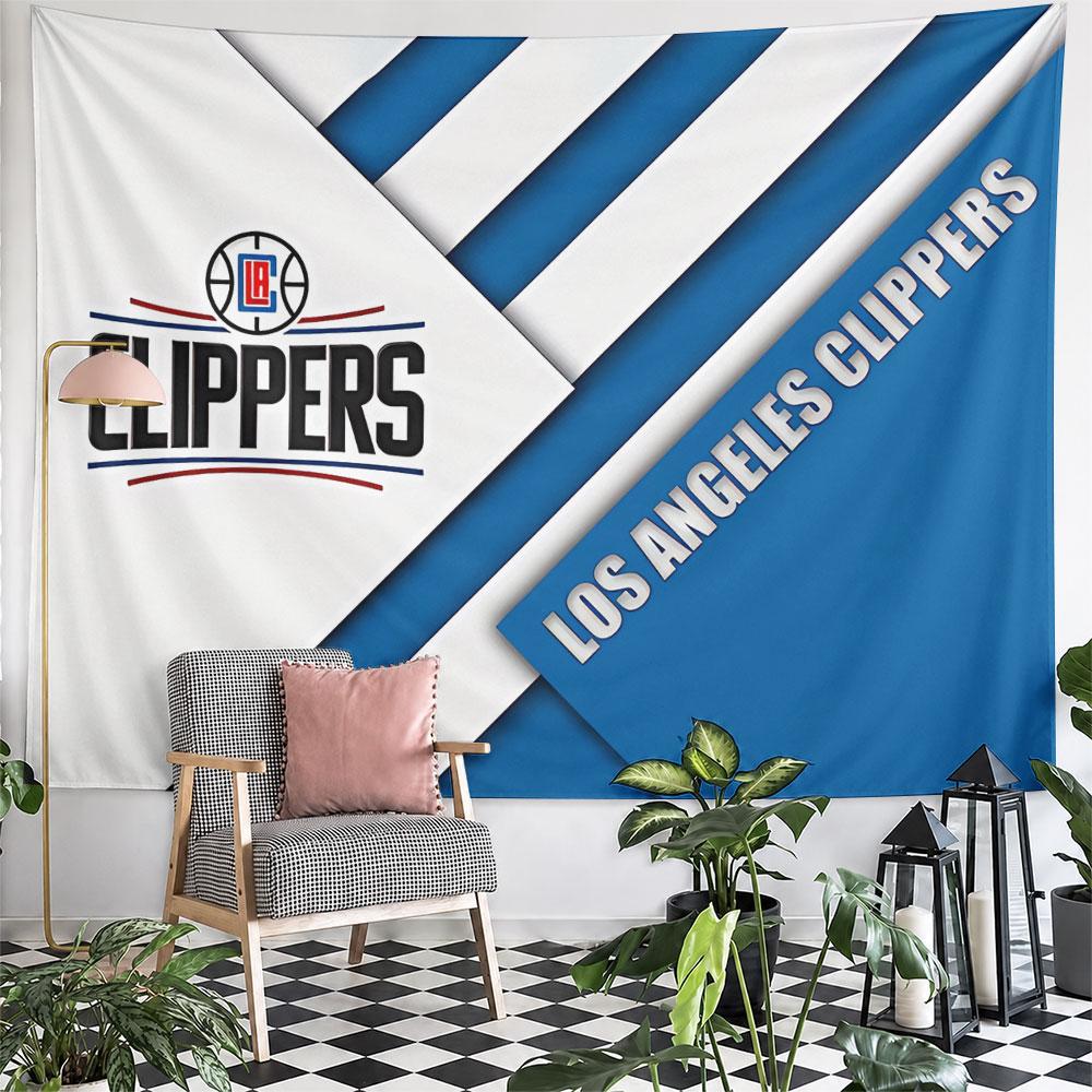 Diagonal white and blue stripes with "Los Angeles Clippers" text and logo. Patterned tapestry for bedroom and living room home decor