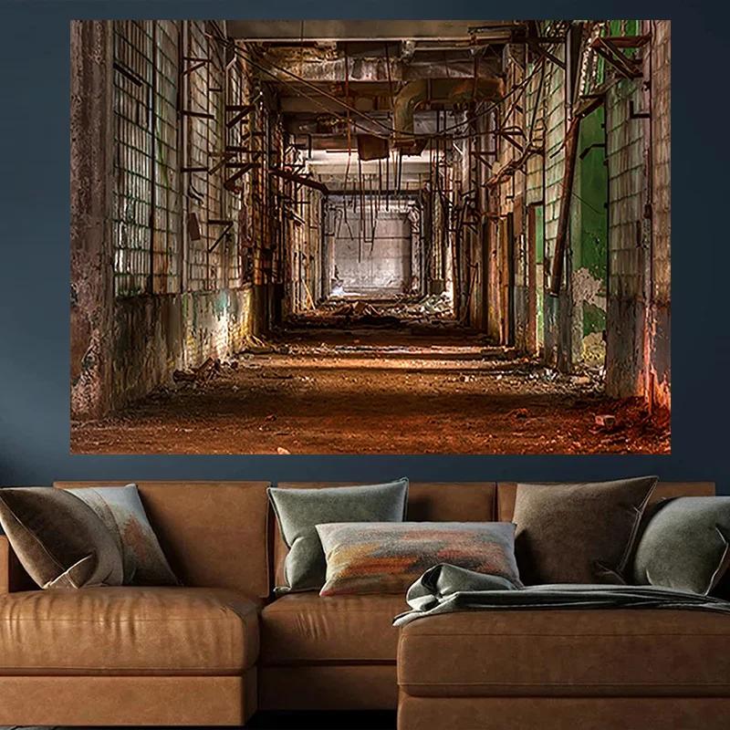 One background fabric depicting a corridor of an abandoned factory including door and window designs.PMJ