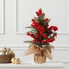 Small Christmas Artificial Plants with Burlap Base Faux Pine Branches with Red Berries/Poinsettias Flower for Winter Indoor Home