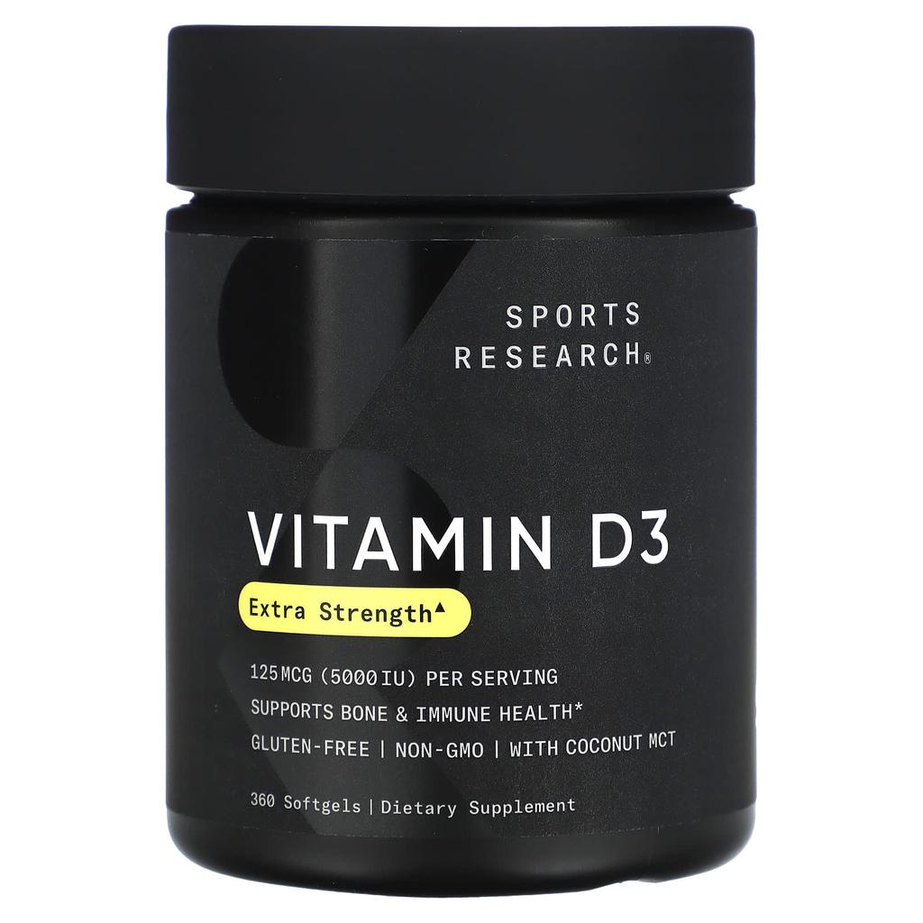 Sports Research Vitamin D3, Extra Strength, 125 Mcg (5,000 IU), 360 Softgels