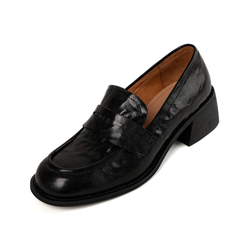Fashion High Heels Women Pumps Retro Round Toe Genuine Leather 2024 Spring Summer Concise Casual Working Shoes Woman Loafers New Shoes
