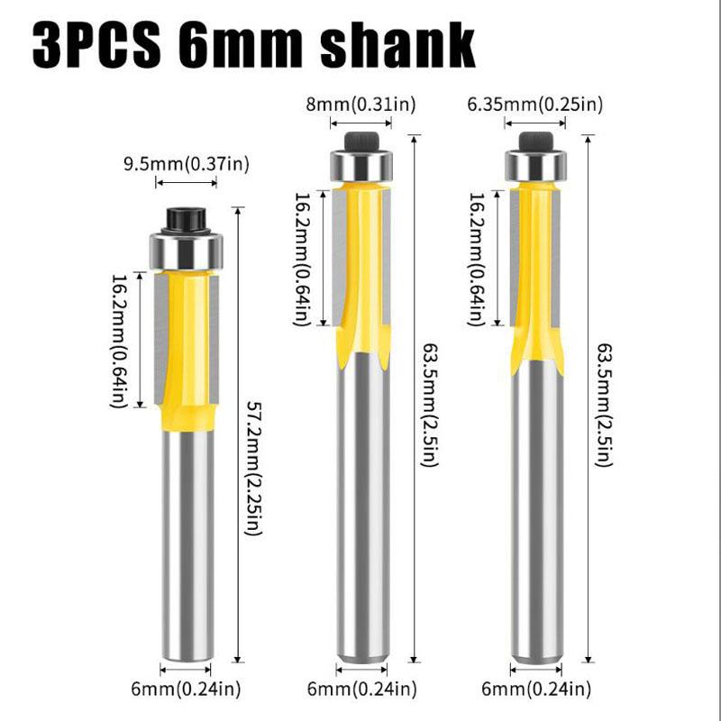 Фреза для обрезки с тремя кромками, деревообрабатывающий фрезер, фрезерный станок, фреза для копирования пазов, фреза для обрезки пазов, хвостовик 6 мм, 1/4 дюйма
