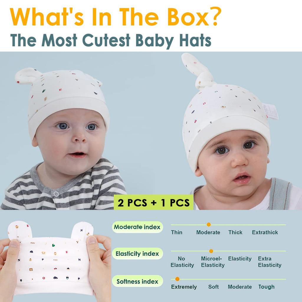 Baby Hats Organic Soft and with Bear Perfect for Baby Baby and Head Protection (6-12 Months), 3-Piece Set, 100% Cotton, Comfortable, Ears, Unisex,