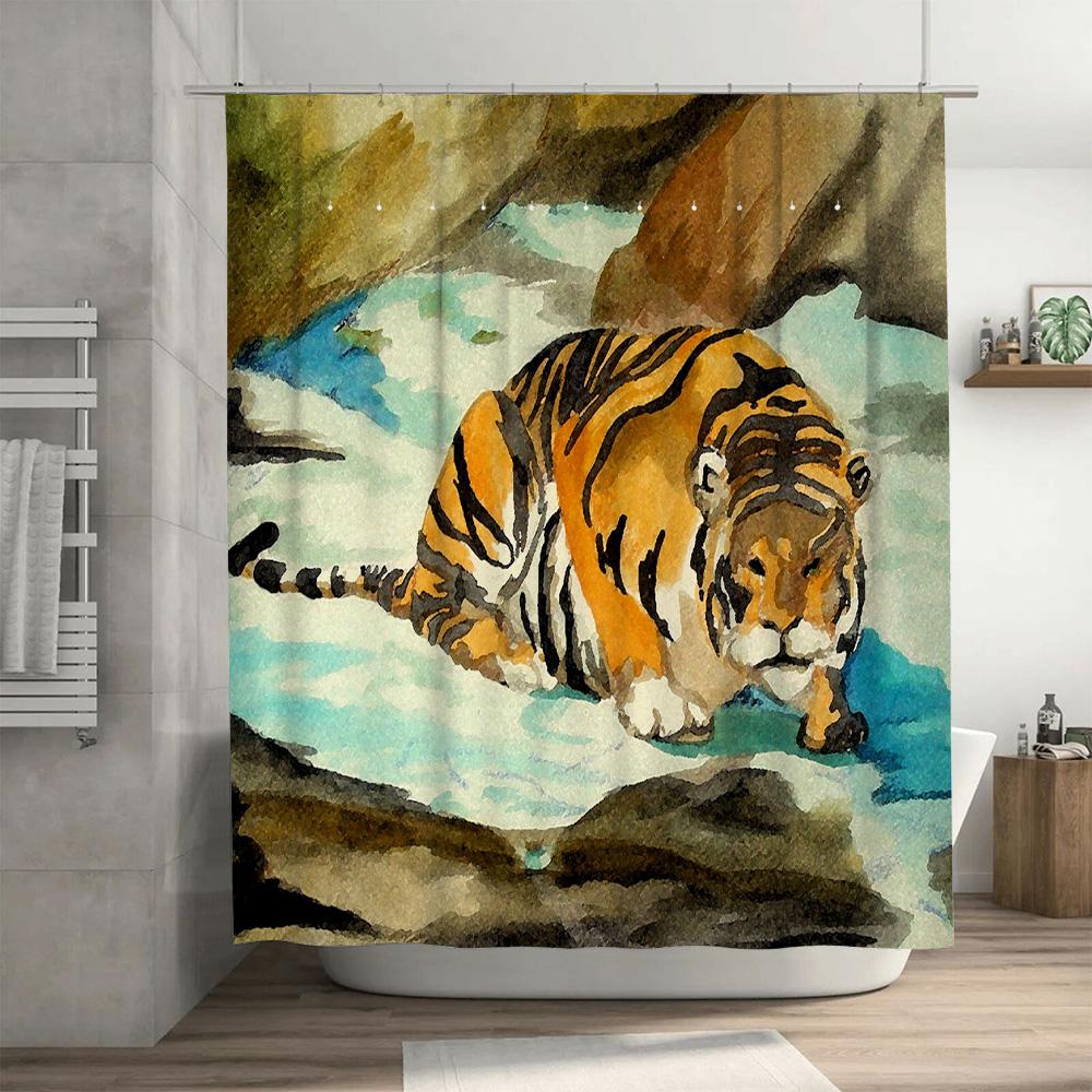 Watercolor Tiger Shower Curtain Bath Decor Printed Fabric Waterproof Rainfall Bathtub Cover 72X84Inch (183X213Cm) Animal Print H