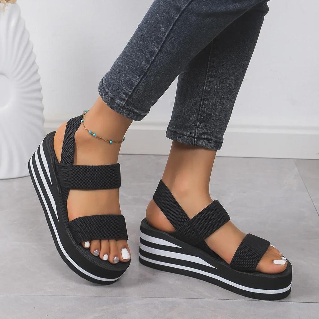 Women's Black & White Roman-Style Sandals with Thick Sole, Faux Hemp Rope Design, Perfect for Summer Style