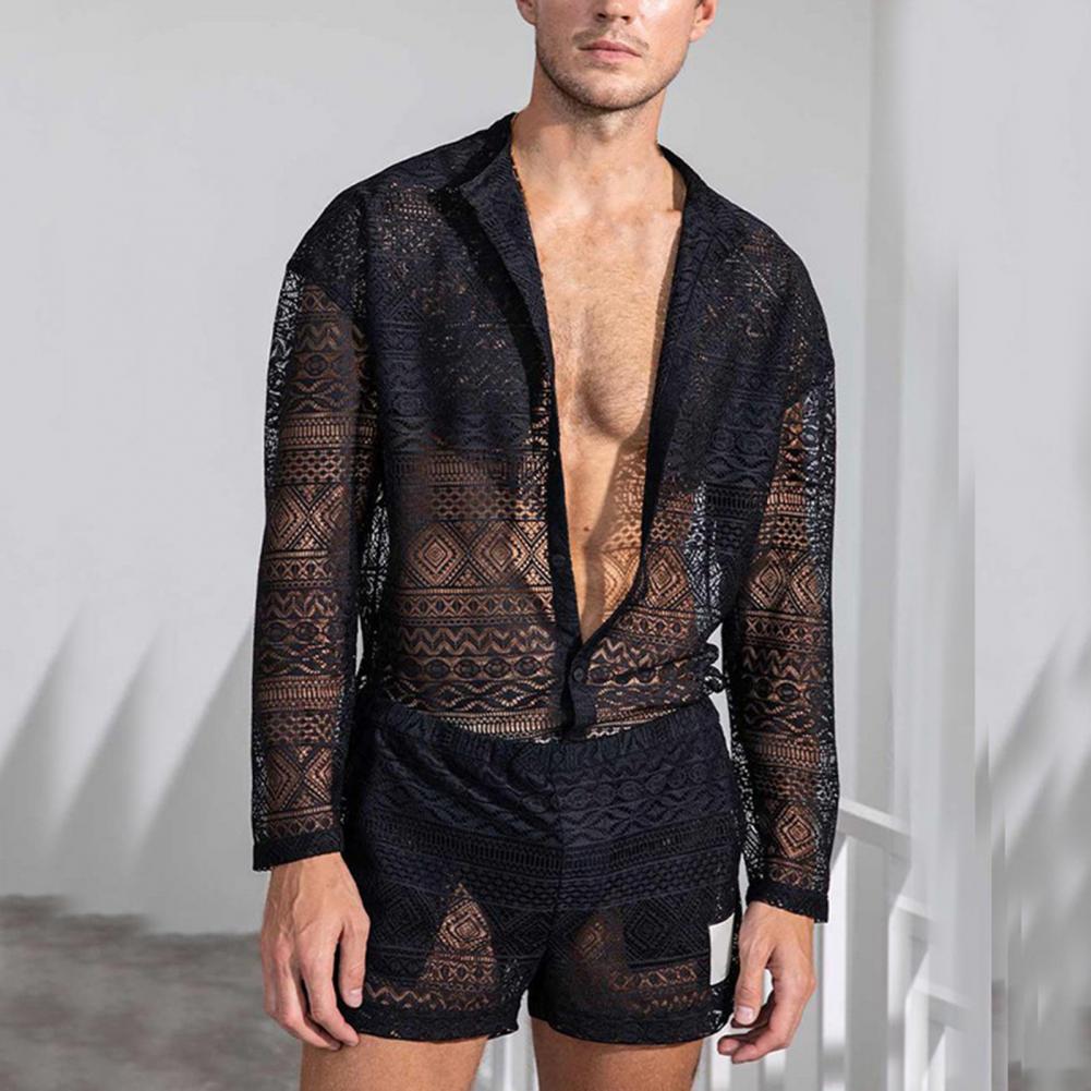 1 Set Popular Men Outfit Sexy Men Top Shorts Hollow Out See Through Crochet Shirt Shorts Single Breasted