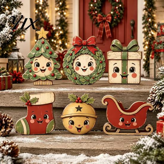 Indoor Christmas Party Supplies 6Pcs Wooden Tabletop Signs, Xmas Sign Decor, Santa Fireplace Mantle Ornaments Snowman Reindeer Gingerbread House