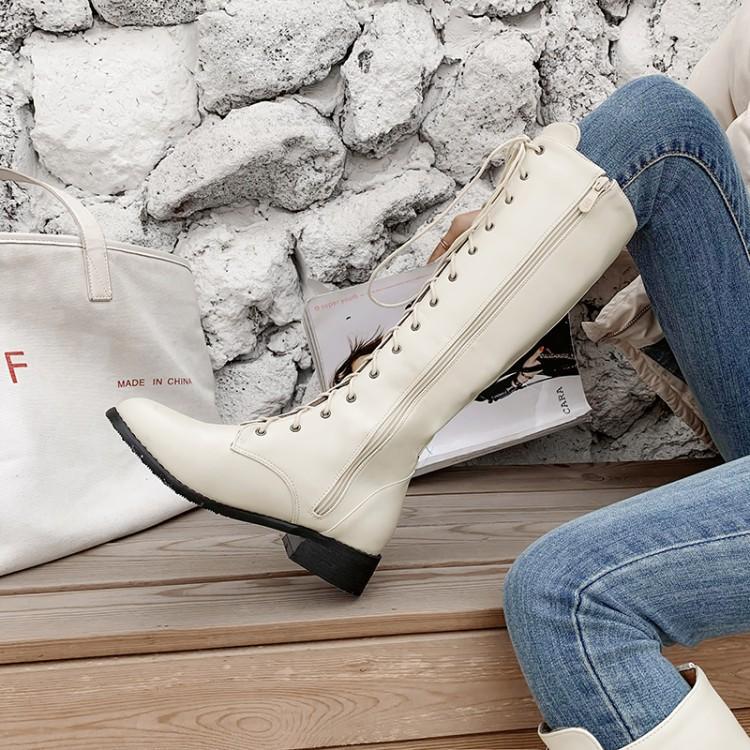 Autumn and Winter European and American Knight Boots New Single Boots High Women's Boots Low Heel Soft Skin Lace-up Medium Boots Thick Heel Women's