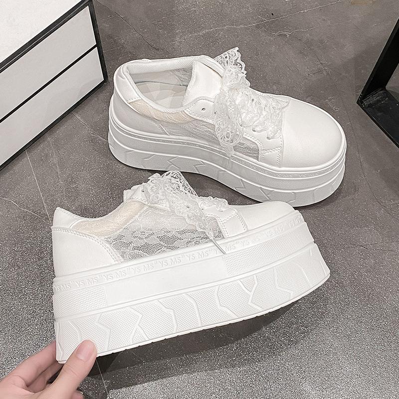 Fashion 7.5CM High Platform White Shoes Women New 2025 Summer Breathable Lace Mesh Chunky Sneakers Designer Thick Sole Sports Shoes