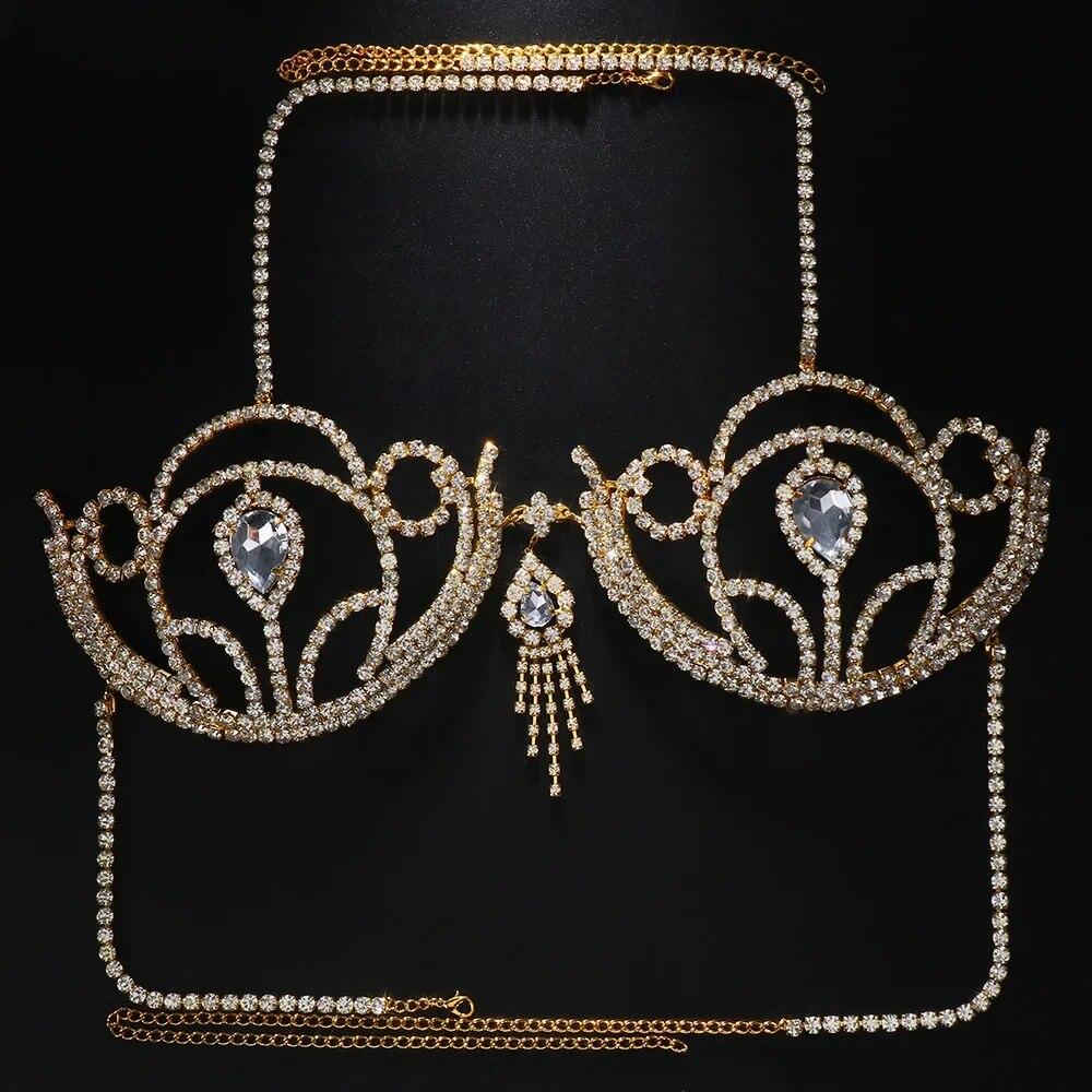 Beach Water Drop Chest Bracket Top Sexy Bikinis Body Accessories Nightclub Rave Bra Rhinestone Lingerie Jewelry for Women Dress Accessory