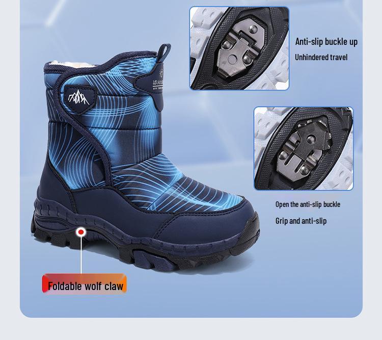 Детские зимние ботинки с высоким голенищем и флисовой подкладкой: Зимние ботинки с нескользящими стальными когтями для мальчиков и девочек