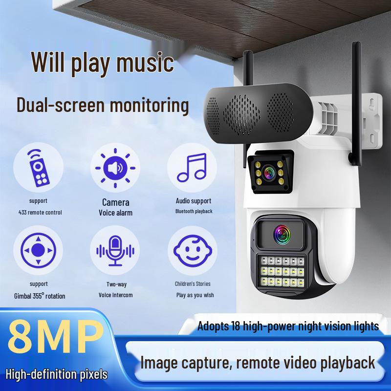 Outdoor 360° Music Monitoring Camera with Dual Screens, Full-Color HD Night Vision, and Mobile Phone Remote Access