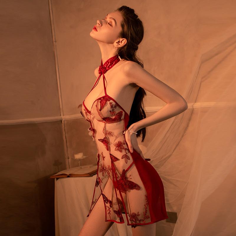 Sexy lingerie women's butterfly embroidery sexy retro cheongsam wind uniform temptation nightdress plus size perspective