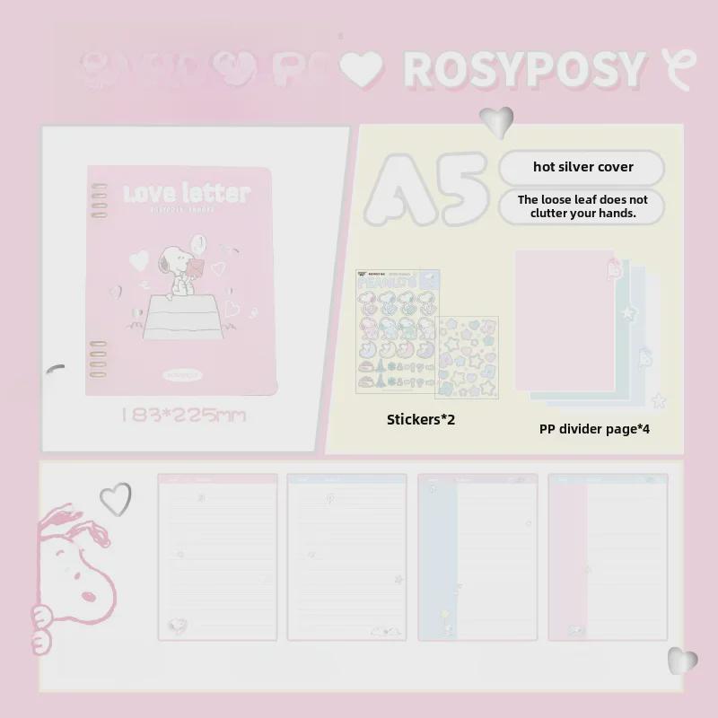 Блокнот в мягкой обложке RosyPosy Snoopy: Кремовый блокнот с цветными страницами, наклейками и горизонтальными линиями.