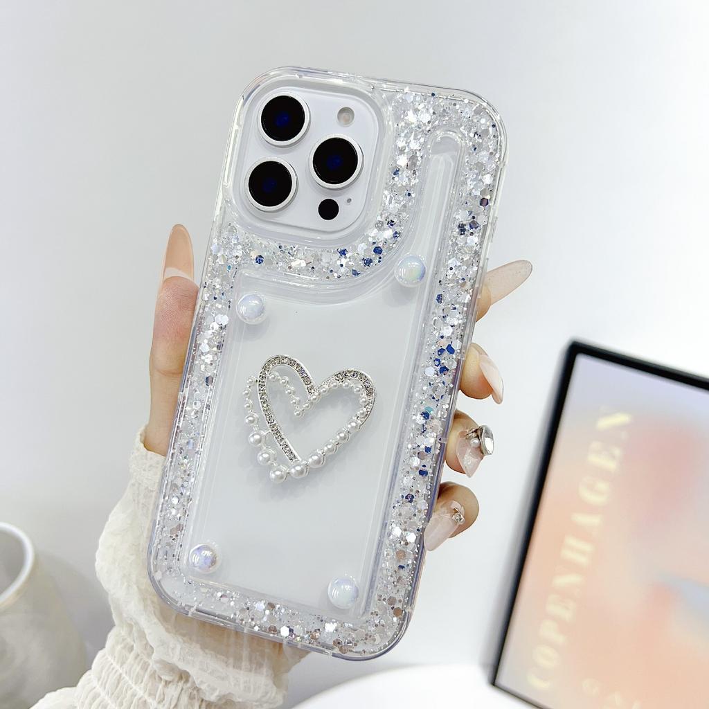 For iPhone 16 Pro Case with Pearl/Dual Heart Decor Glitter Rhinestone Epoxy Design TPU Phone Cover
