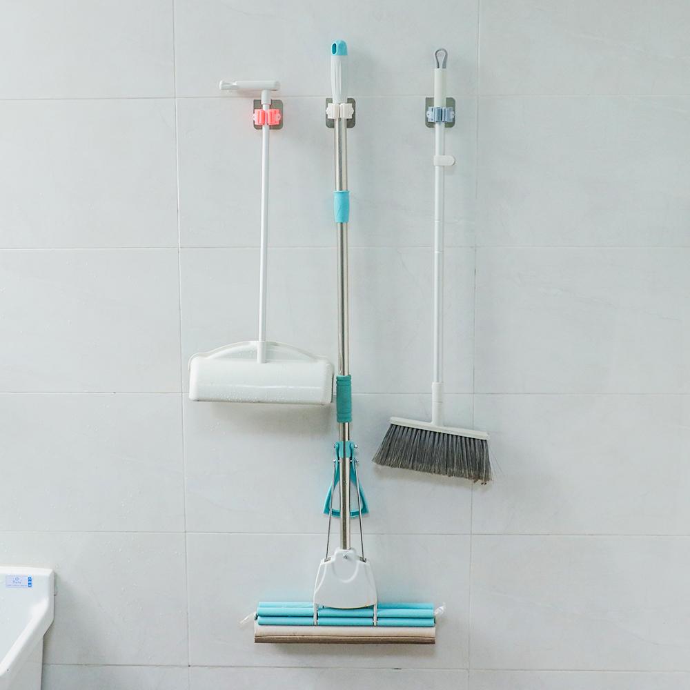 Home Self Adhesive Organizer Mop Holder Wall Mounted Hooks Spring Clip Rack Broom Hanger