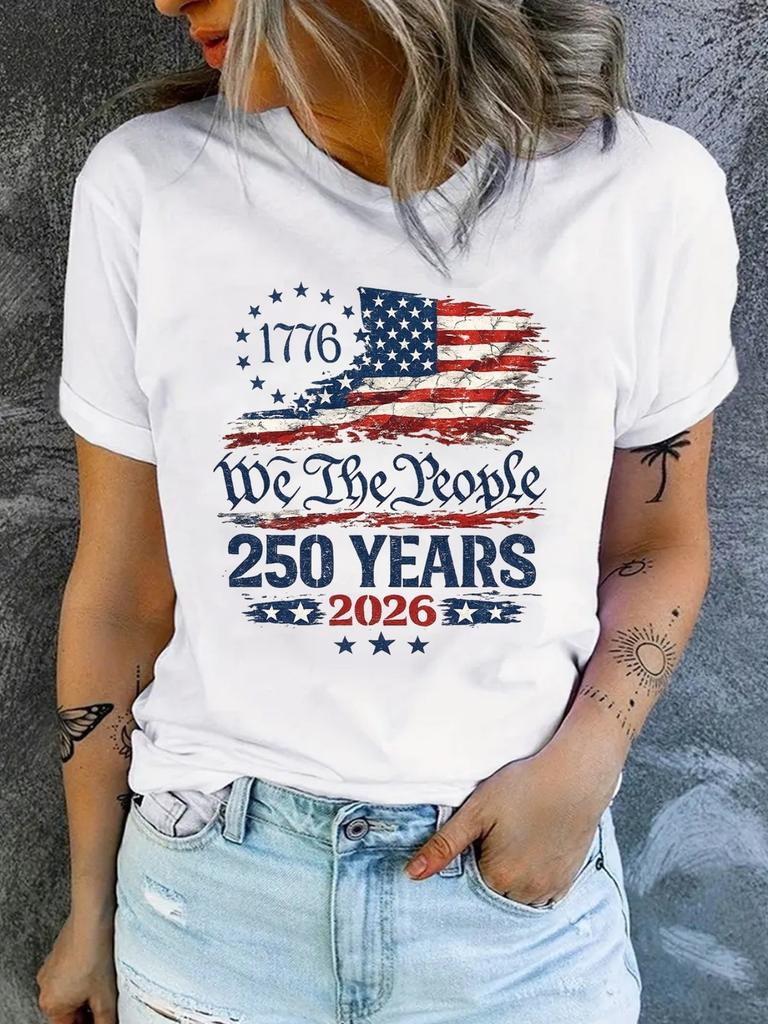 American Flag, We The People Women's Short Sleeve TShirt Crew Neck Short Sleeve