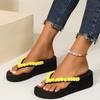 Fashion Casual Yarn Ball Decoration Flip Flops Women 2025 Summer Round Toe Black Wedge Heels Slippers Comfortable Non Slip Beach Sandals