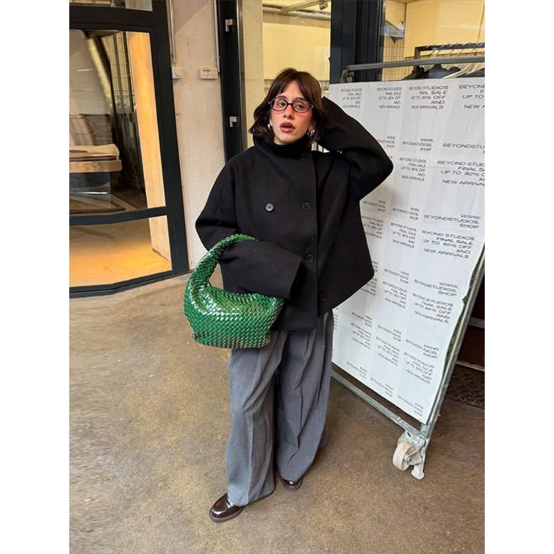 Solid High Neck Double Button Topcoat Dropped Shoulder Loose 2025 Autumn Short Elegant Jacket Women Urban Casual Lady Outerwear