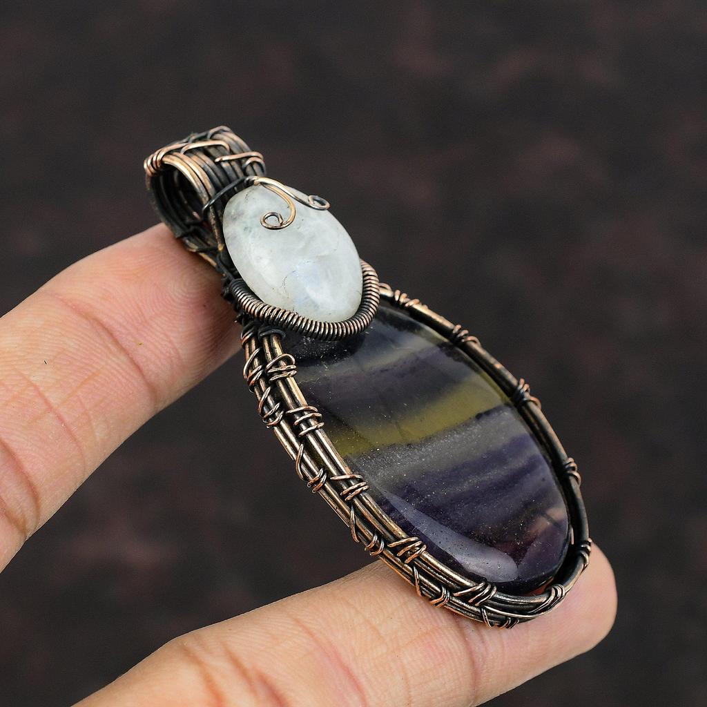 Multi Fluorite Pendant Copper Wire Wrapped Pendant Rainbow Moonstone Copper Jewelry Handmade Gemstone Jewelry Gift For Mom Wire Wrap Jewelry