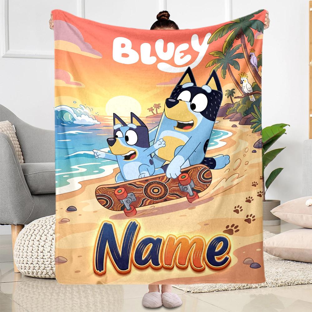 Bluey's Beach Adventure Customize Text Blanket Throw Personalized Blanket Warmthful Decor Perfect for Office Seaside Chair Office Chair All-Season Use