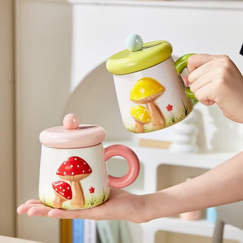 Милая керамическая кофейная кружка с грибочками, с крышкой и ложкой