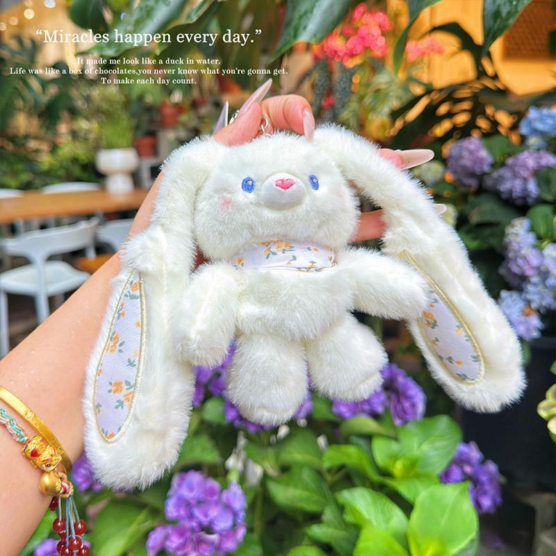 Rabbit Fluffy Plush Pendant Keychain With Flower Design For Accessories Backpack