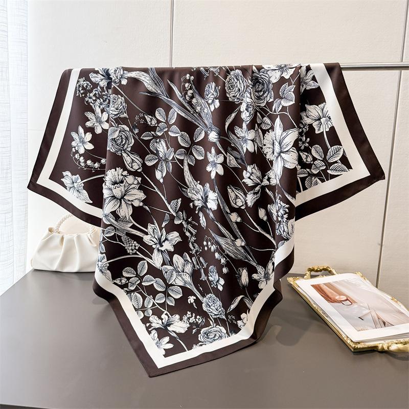 90Cm Floral Print Twill Silk Scarf Fashion Shawl Luxury Brand Square Scarf Women Hijab Bandana Foulard Neckerchief Head Scarves