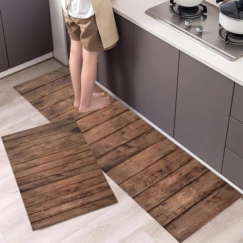 Rustic Wood Plank Kitchen Rug Set, Non-Slip Water Oil Resistant Floor Mats for Kitchen Laundry Room