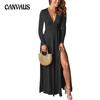 Spring and Autumn Women's Dress Deep V-Neck Long Sleeve Dress Pleated High Waist Split Party Evening Dress Solid Colour Dresses