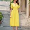 Women's Fashionable Solid Color Retro V Neck Short Sleeve Slim Fit Dress