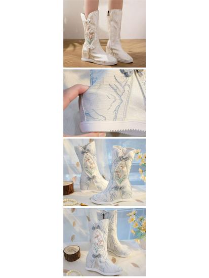 Вышитые зимние сапоги до колена в стиле ханьфу: Этнический стиль, Плюшевый хлопок, Внутреннее увеличение высоты