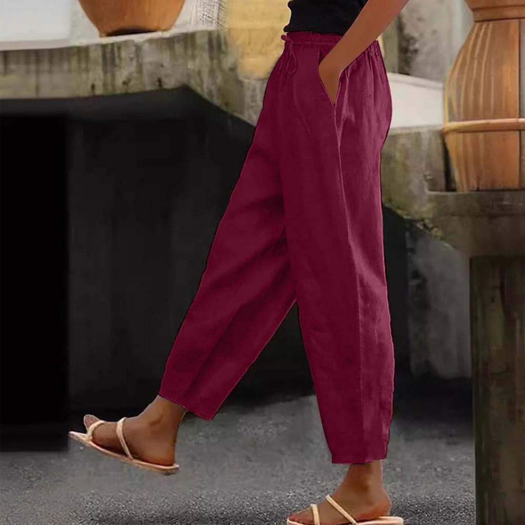 Women's Fashion Loose Cotton Linen Solid Color Casual Side Pocket Elastic Drawstring Trousers