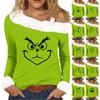 Women's Casual Fashion Sexy Off-Shoulder Collar Christmas Pattern Long Sleeve Crewneck T-Shirt Top