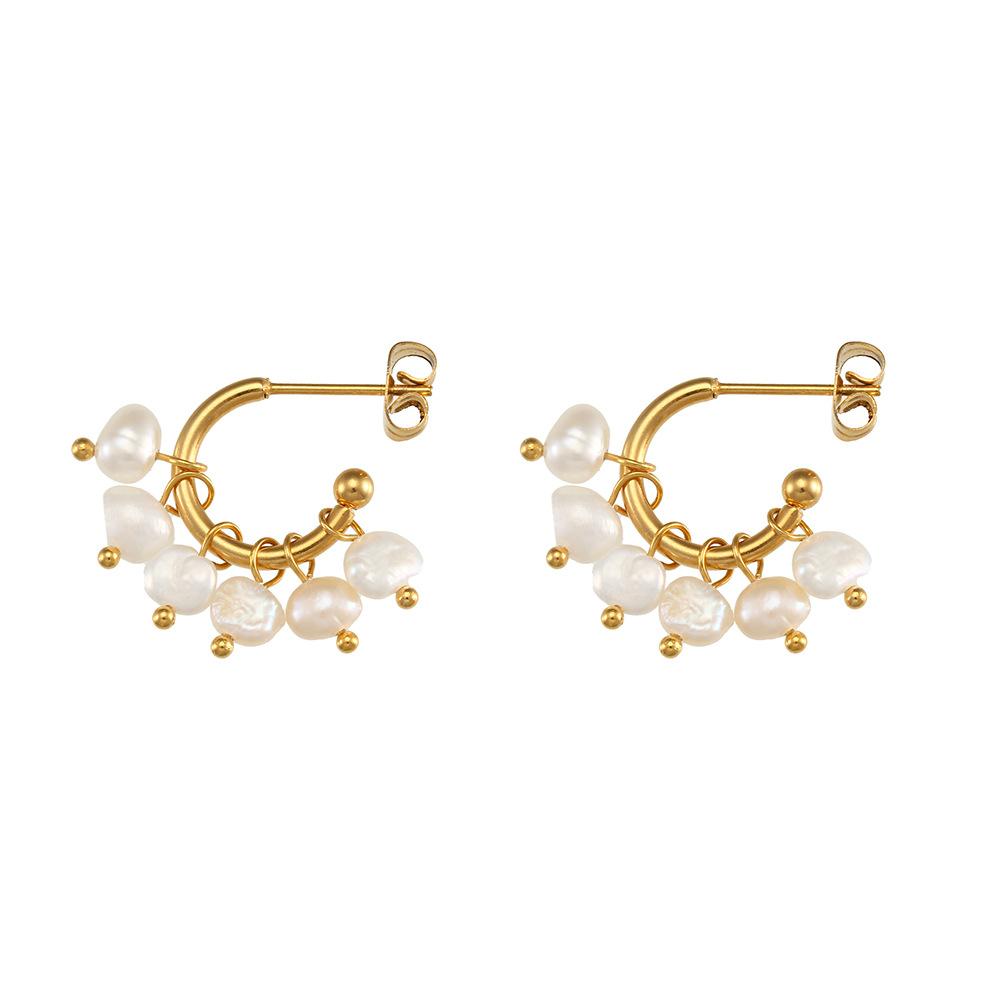 Stainless Steel Pearl Hoop Earrings for Women 18K Gold Color C-Shape Drop Earring Daily Vintage Elegant Zircon Accessories
