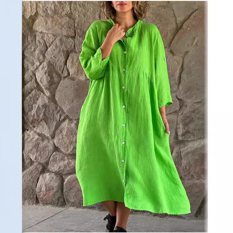 Весна 2024 Женское платье-рубашка с длинным рукавом из хлопка и льна