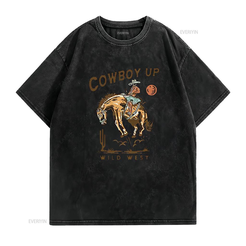 COWBOY UP ДИКИЙ ЗАПАД Американский Ретро Круглый Вырез Женская Футболка Черная X Large винтажный Стиранный Растягивающийся Топ Для Повседневной Носки