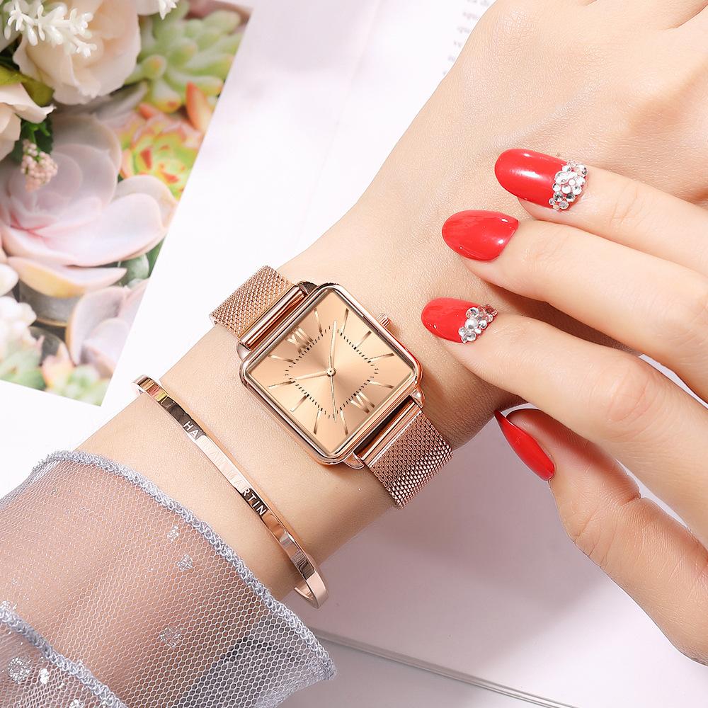 Hannah Martin Женские кварцевые часы Японский кварцевый механизм Зеленый циферблат Квадратные часы Модные наручные часы Женские часы из розового золота для женщин