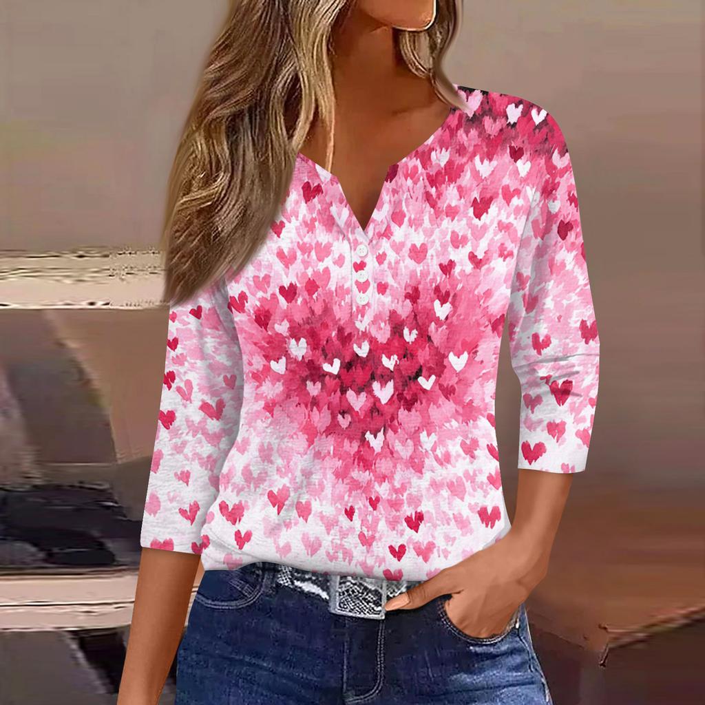 Жен. Футболка Футболка С принтом Пуговицы Рукав 3/4Ежедневно Выходные Мода Классический Топ с v-образным вырезом Обычный