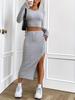 2023 Autumn/Winter Women's Solid Color Casual Slim Fit Round Neck Long Sleeve Skirt Set