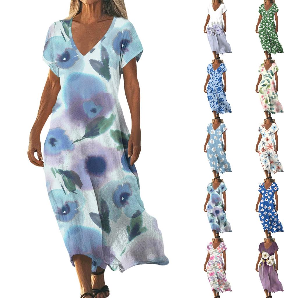 Fashion Women's Summer V-Neck Short Sleeve Floral Print Beach Dress