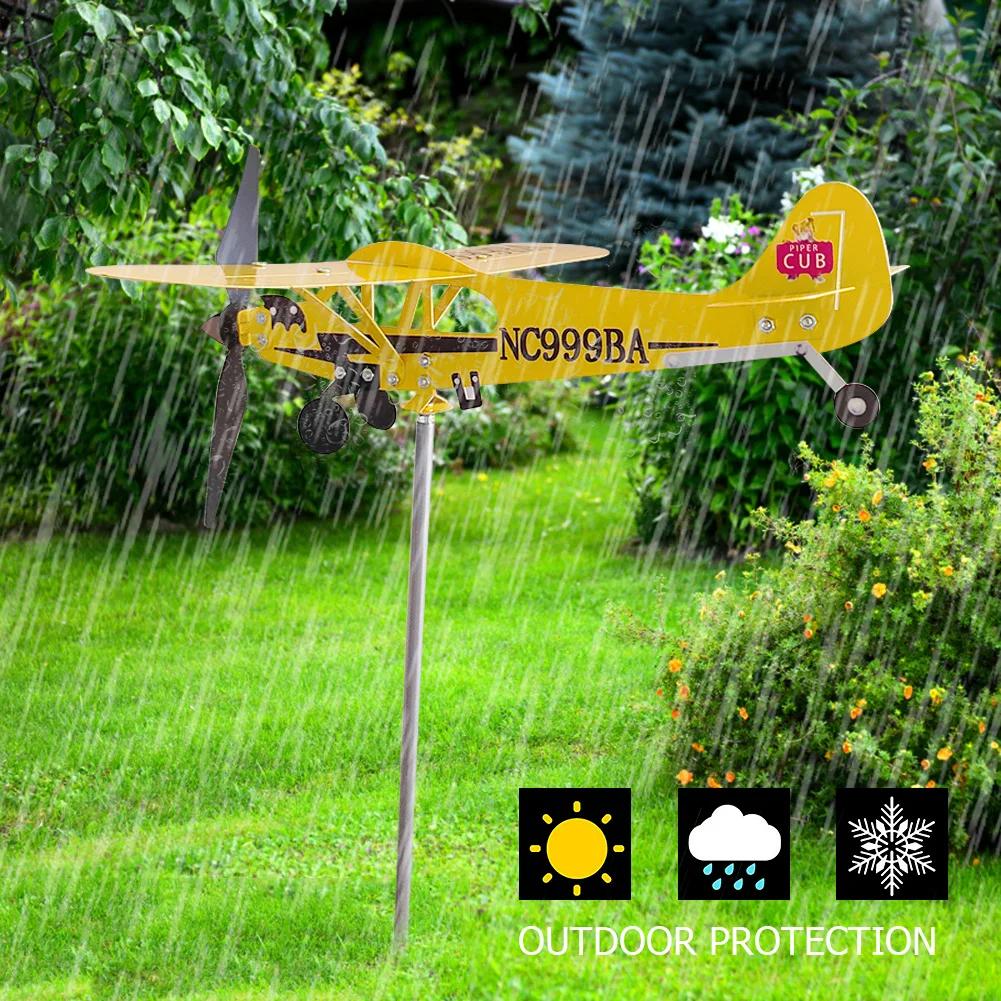 3D Piper J3 Cub Wind Spinner Plane Metal Airplane Fluge Wane Outdoor Plug-in Windmill Direction Wind Direction Compass Garden Decoration