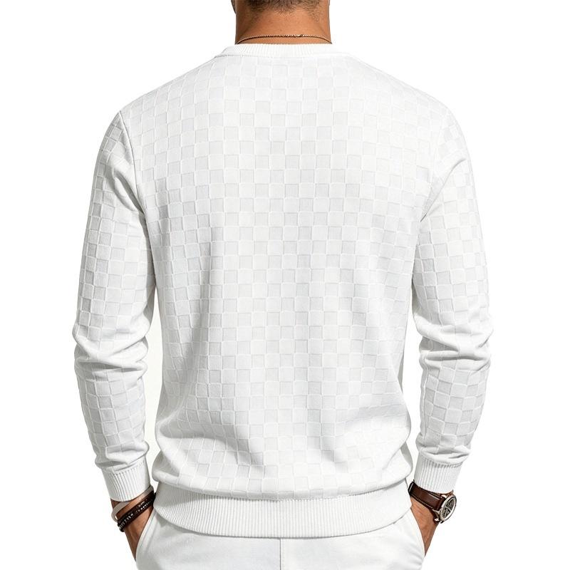 Men S Round Neck Long Sleeve Knitted Sweater Checkered Jacquard Casual Pullover