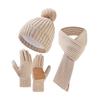 3Pcs/Set Winter Hat Scarf Gloves Set Solid Color Thickened Warm Plush Lining Elastic Brimless Hat Long Scarf Knitting Gloves Set