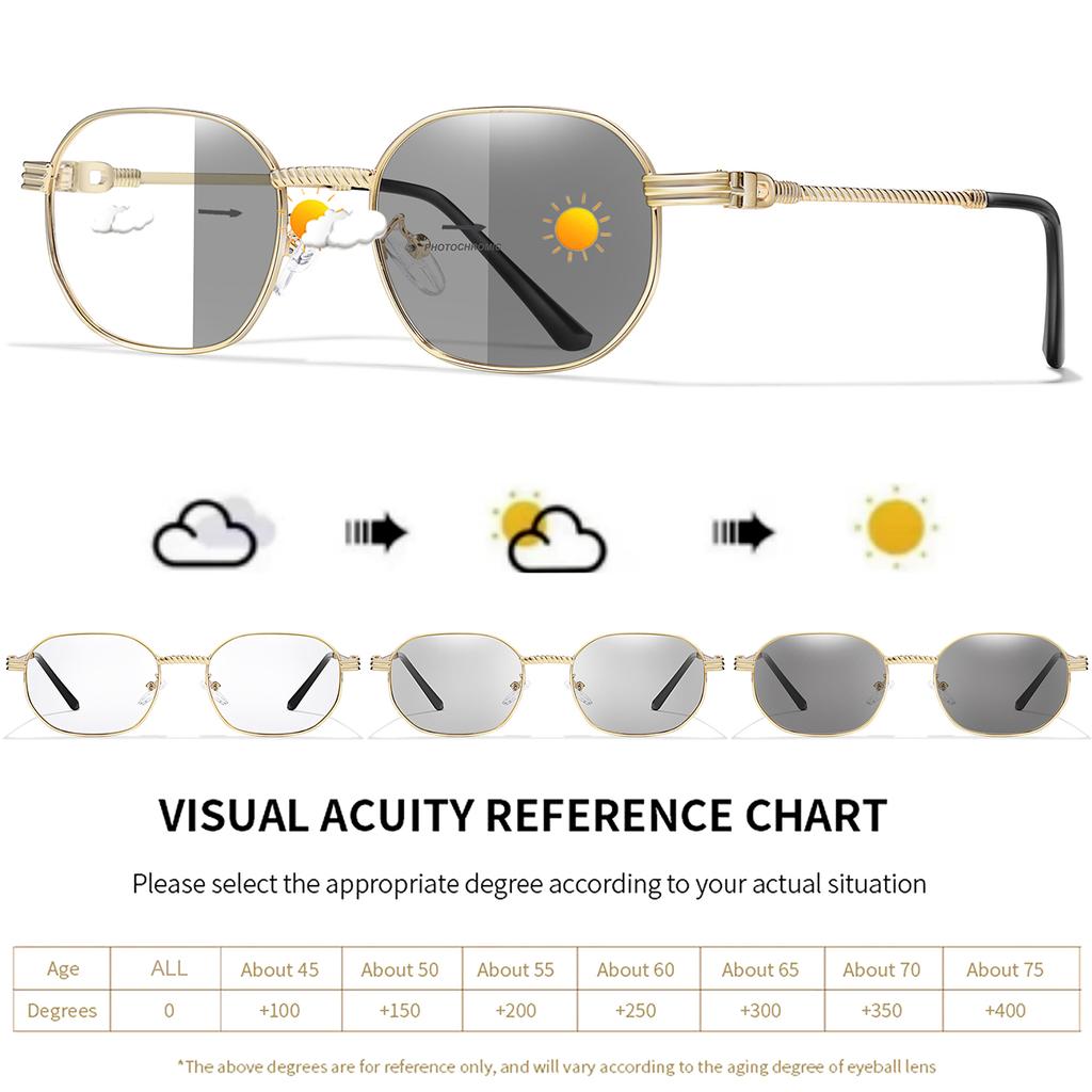 Photochromic Anti-Blue Light Reading Sunglasses Metal Eyewear For Women Men Internet Surf Style Presbyopic Eyewear +150 +200