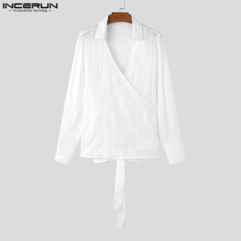 INCERUN Мужские прозрачные футболки с V-образным вырезом и длинным рукавом спереди с перекрестными бретелями