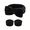 3 Pcs/set Fluffy Hairband Wristband, Solid Color Elastic Absorbent Bow Decor Headband Wristband For Washing Face & Makeup
