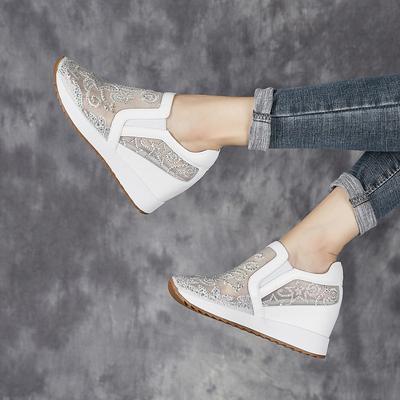 Модные 8 см Воздушная сетка Толстый каблук Вышивка Кружево Платформа Клин Блеск Молния Дышащие Стразы Летние Полые Женские Модные Туфли