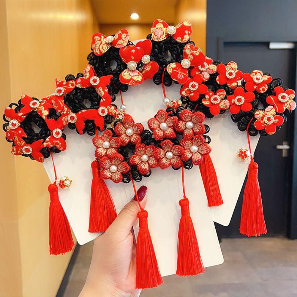 Дети-цветы Ханфу Кольцо для волос Красный Китайский Новый год Головной убор Милый бант Парик Коса Веревка для волос Малыш